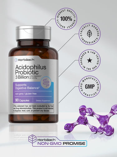 Horbaach Acidophilus Probiotic bottle with certification logos on a light gray background