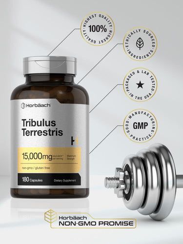 Tribulus Terrestris supplement bottle with gym weight, certification logos, and text on a light background.