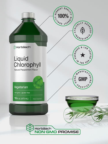 View 6 Bottle of liquid chlorophyll with green labels and text on a white background.