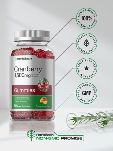View 6 Bottle of Cranberry gummies with certification logos on a white background.