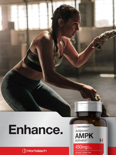 Woman exercising in gym with AMPK activator bottle in foreground