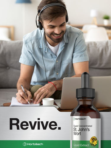 View 6 Man using laptop with St. John's Wort bottle on desk.