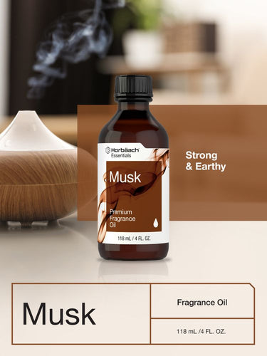Bottle of HertaLich Musk fragrance oil on a neutral background