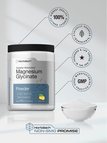 Container of magnesium glycinate powder with quality and origin icons.