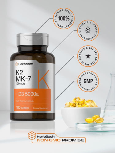 Horbaach K2 MK-7 supplement bottle with a bowl of capsules on a gray background