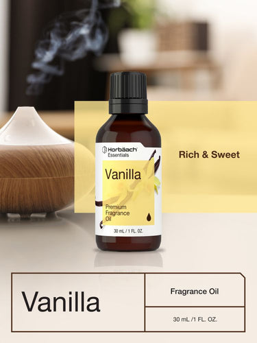 Vanilla fragrance oil bottle with label on a blurred background