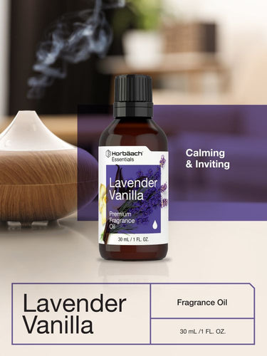 Bottle of lavender vanilla fragrance oil with a diffuser in the background.