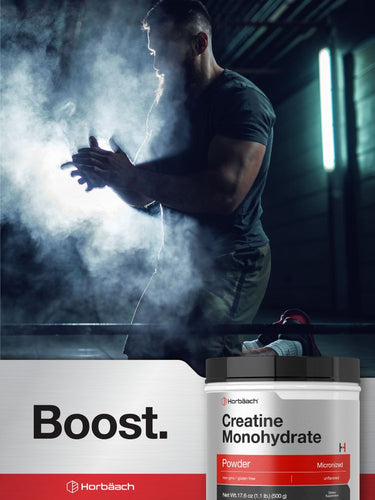 View 6 Person in a gym setting with creatine monohydrate powder and 'Boost' label.