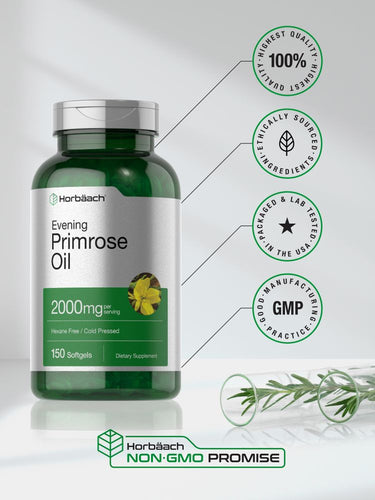 View 6 Green bottle of evening primrose oil with certification logos on a white background