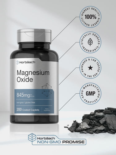 View 6 Bottle of magnesium oxide capsules with branding and certification logos on a light gray background