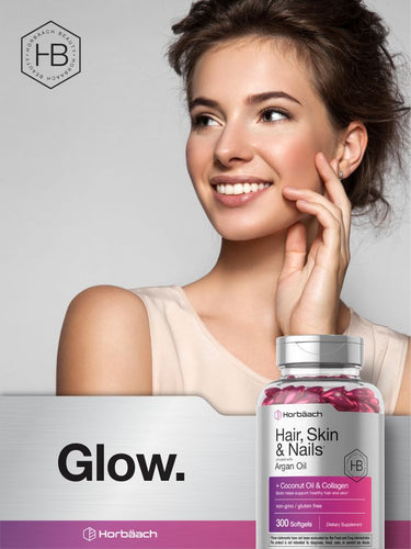 View 6 Woman with a bottle of Hair, Skin & Nails supplement with 'Glow' text in the background.