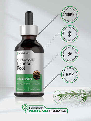 View 6 Bottle of Licorice Root Liquid Extract with branding and certification logos on a white background