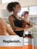view 6 Woman in a gym with a supplement bottle labeled 'Replenish' and 'Horbach'.