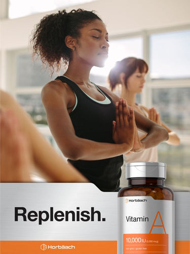 View 6 Woman in a gym with a supplement bottle labeled 'Replenish' and 'Horbach'.