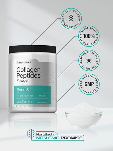 Collagen peptides powder container with product features on a white background