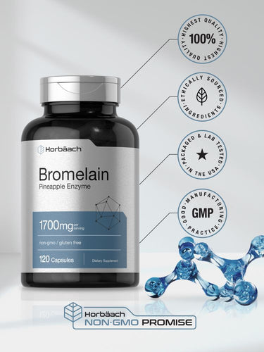 View 6 Bottle of Bromelain supplement with certification logos and molecular structure illustration.