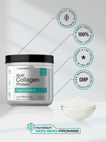 View 6 Container of multi collagen protein with product features highlighted.