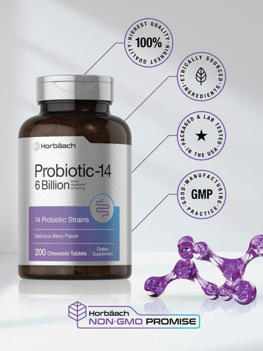 View 6 Horbaach Probiotic-14 supplement bottle with branding and certification logos on a light gray background