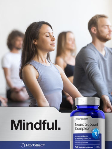 View 6 Person meditating with Horbaach Neuro Support Complex supplement bottle in foreground