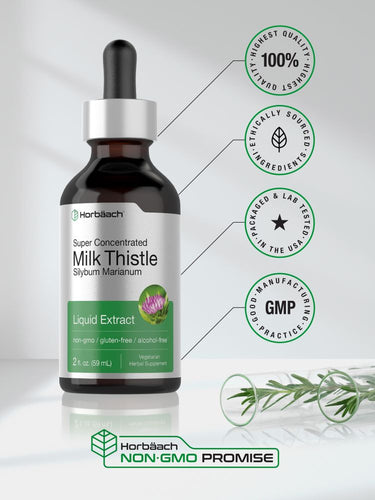 View 6 Milk Thistle liquid extract bottle with certification logos on a white background