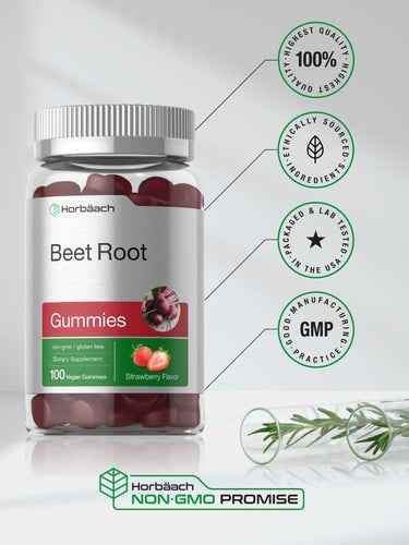 View 6 Beet root gummies packaging with certification logos and text on a light background.