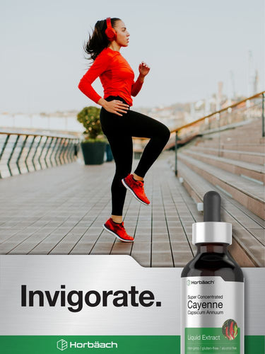Person running on a bridge with a bottle of Horbaach Cayenne Liquid Extract in the foreground.