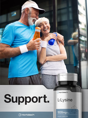 View 6 Couple embracing outdoors with a bottle of L-Lysine supplement in the foreground.