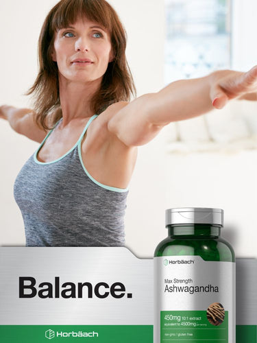 Woman doing yoga with a bottle of Max Strength Ashwagandha supplement in the foreground.
