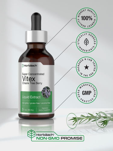 View 6 Bottle of Vitex Chaste Tree Berry liquid extract with certification logos on a white background.