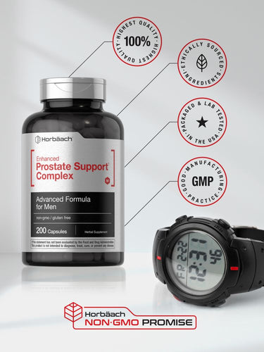 View 6 Prostate support complex bottle with watch and quality icons on a light background