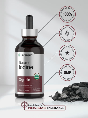 Bottle of Nascent Iodine organic supplement with branding and certification logos on a light gray background