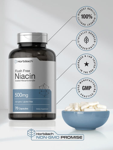 View 6 Bottle of Horbaach Flush Free Niacin supplement with packaging details on a light gray background