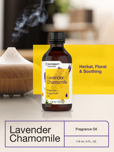 Bottle of lavender chamomile fragrance oil with a diffuser in the background.