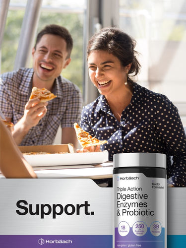 View 6 Young adults laughing and eating pizza next to a bottle of Digestive Enzymes.