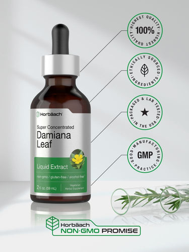 Bottle of Damiana Leaf Liquid Extract with branding and certification logos on a white background