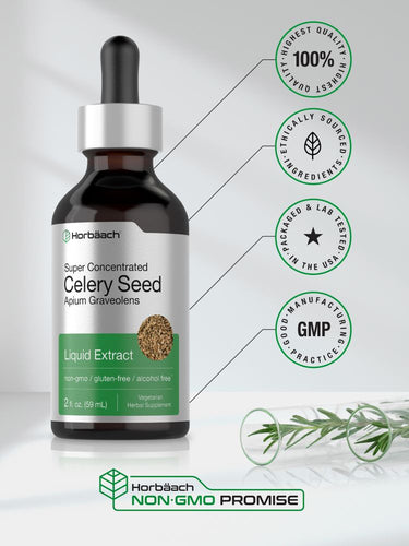 Bottle of Super Concentrated Celery Seed Liquid Extract with branding and certification logos on a light gray background