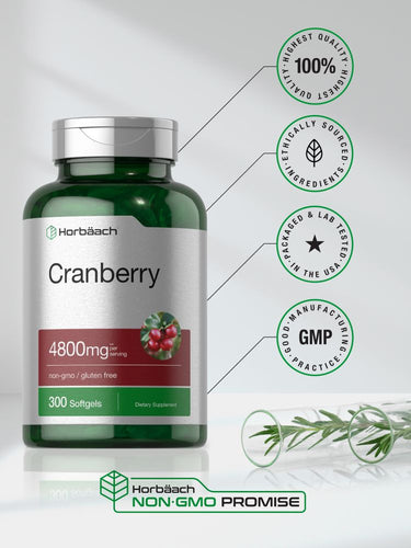 Green cranberry supplement bottle with text and graphics on a light background
