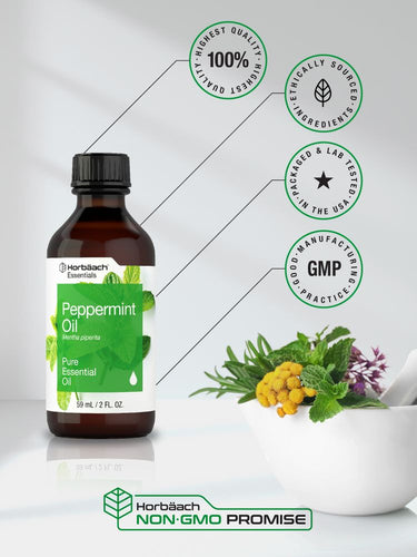 Bottle of peppermint oil with certification logos on a white background