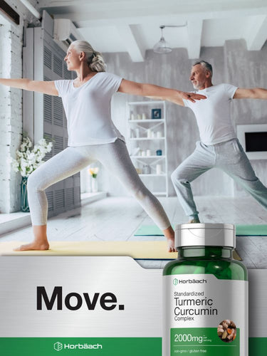 Two people doing yoga in a modern home with a bottle of Turmeric Curcumin Complex in the foreground.