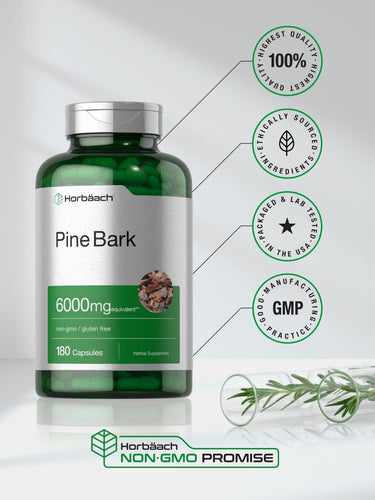 View 6 Green bottle of Pine Bark supplement with label and branding on a light background.