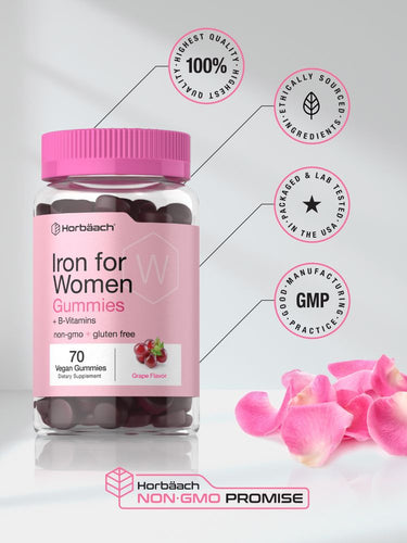 Iron gummies for women with pink label and packaging details on a light gray background