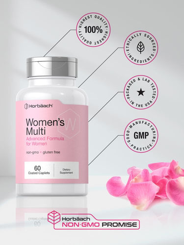 Supplement bottle labeled 'Women's Multi' with certification logos on a light gray background
