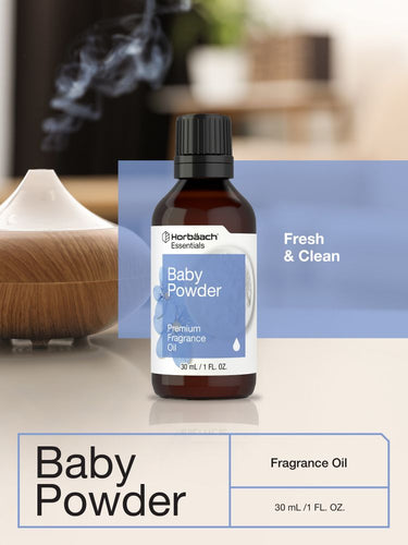 Bottle of Horbaach Baby Powder Fragrance Oil on a blurred background
