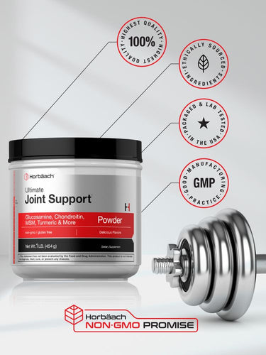 View 6 Horbach Ultimate Joint Support Powder container with a dumbbell on a light gray background