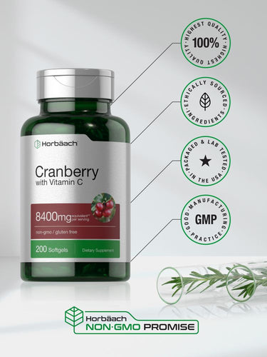 View 6 Bottle of cranberry supplement with green background and certification logos.