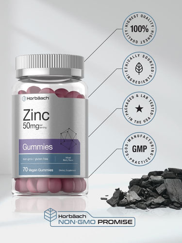 View 6 Bottle of Zinc gummies with certification logos and text on a white background.