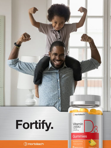 View 6 Man with child on shoulders next to a bottle of Fortify vitamin gummies