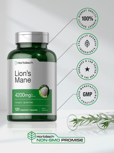 View 6 Bottle of Lion's Mane supplement with green and white label on a light background.