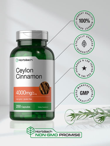 Bottle of Ceylon cinnamon capsules with certification logos and text on a white background.