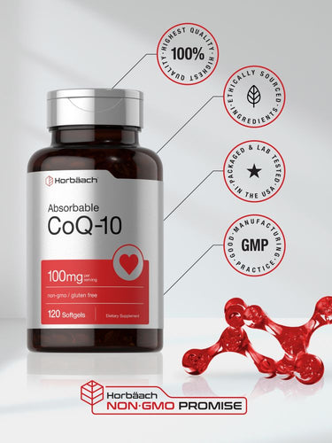 View 6 Bottle of CoQ-10 supplement with branding and certification logos on a light background.